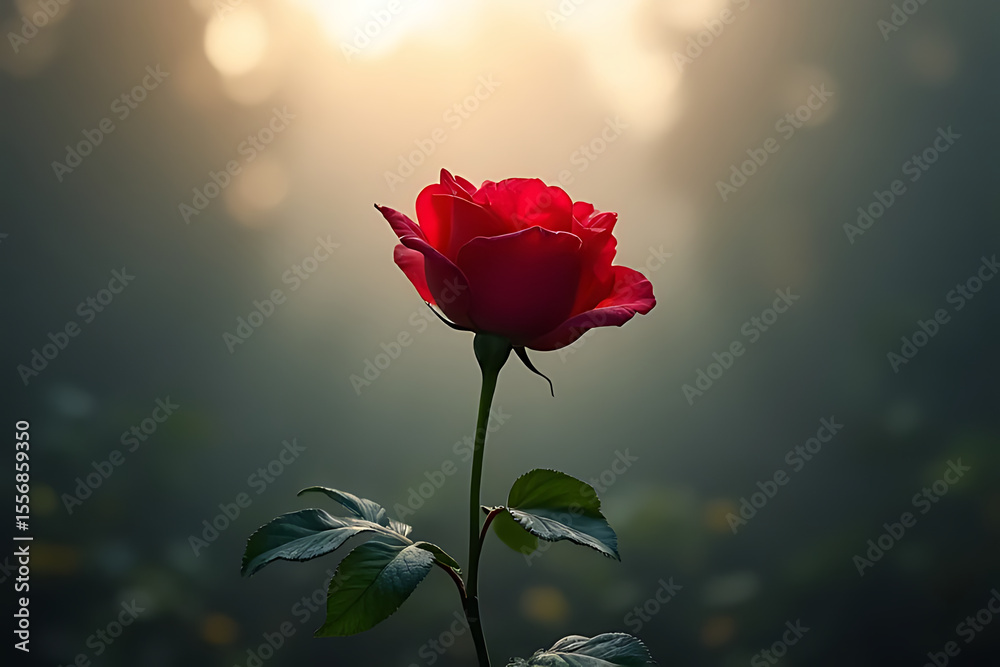 Fototapeta premium Single red rose standing tall in a misty park setting, soft glowing light and shallow depth for dreamy atmosphere, minimalist layout 