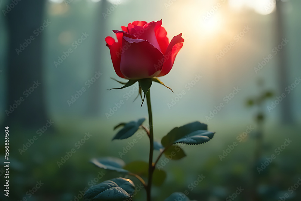 Obraz premium Single red rose standing tall in a misty park setting, soft glowing light and shallow depth for dreamy atmosphere, minimalist layout 