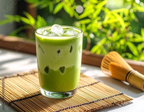 爽やかな夏の午後、冷たい抹茶ラテで一息