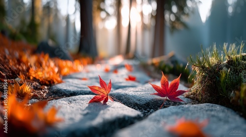 Autumn leaves falling on stone path tranquil forest nature morning light serene atmosphere seasonal change