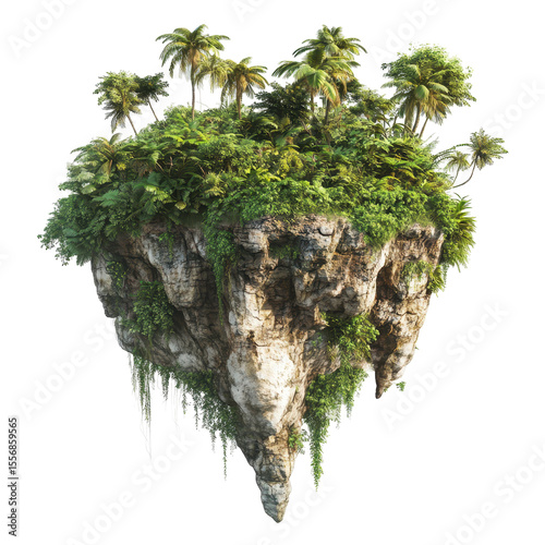 Lush Tropical Island Floating in Air Fantasy Scene Green Palm Trees Rock Formation isolated on a transparent background
