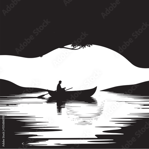 Minimalist Sunset Boat Scene – Black and White Vector Art