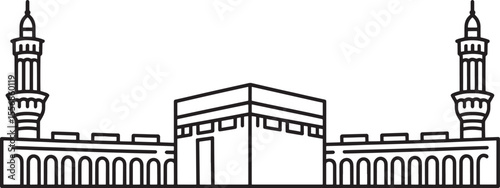 Black and White Line Art Illustration of Kaaba Mecca Mosque with Minarets islam 1