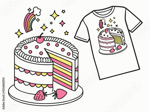 Whimsical illustration of a layered cake and a t shirt design with a dessert theme with stars and a rainbow over a white background.