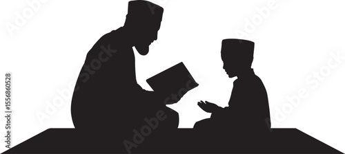 Black Silhouette Islamic Teacher And Child Praying On Rug Reading Book prayer