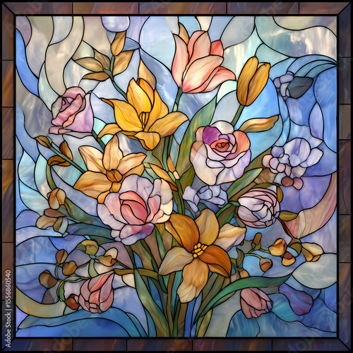 stained glass window with flowers