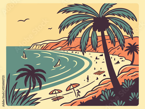Vintage illustration of a scenic beach featuring palm trees sandy shores ocean waves and people enjoying a sunny day.