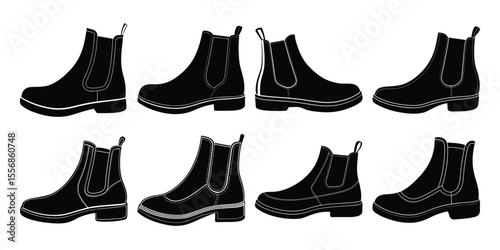 Stylish and fashionable Chelsea boots silhouette collection isolated on white background.