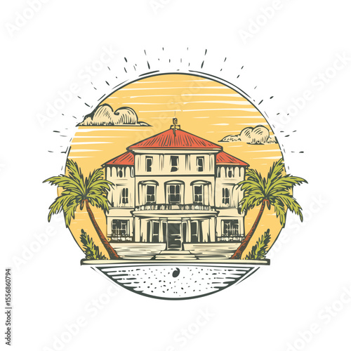 Vintage illustrated beachfront mansion surrounded by palm trees and a beautiful sunny sky depicting tropical holiday scenery