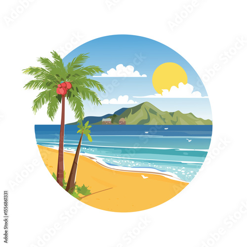 Beautiful tropical island scene with palm trees sandy beach and azure ocean under bright sunshine on a clear summer day