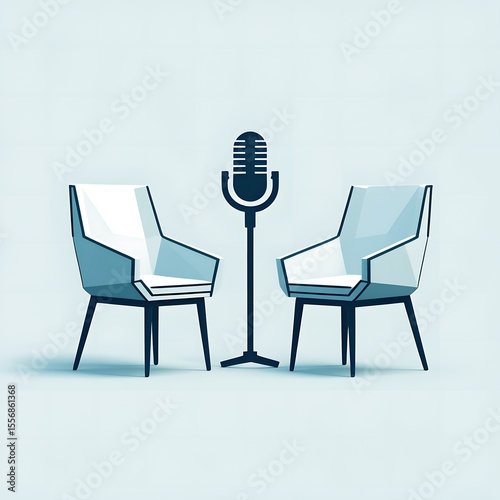 Light Blue Podcast Studio Setup with Microphone and Chairs, Square image.
