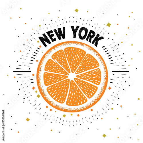 Vintage orange slice graphic with new york text and decorative elements perfect for travel and food designs
