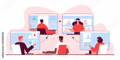 Digital Connection: A dynamic, conceptual illustration showcasing individuals engaged in a digital video conference. It represents virtual collaboration, remote communication.