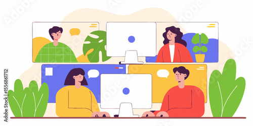 Online Team Meeting: Depicting an online team meeting with cartoon character and screen. The digital illustration portrays a virtual gathering, emphasizing collaboration, teamwork.
