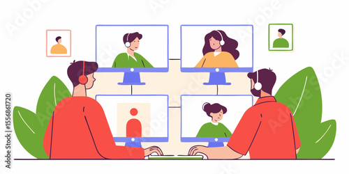Digital Meeting: A lively digital illustration of people engaged in a virtual video conference, emphasizing teamwork, communication, and remote connection.