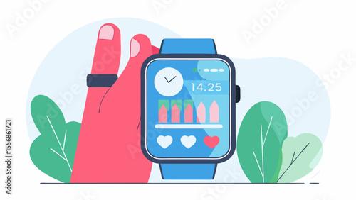 Health Tracker: A contemporary illustration showcases a hand interacting with a smartwatch, its screen displaying vibrant health metrics, capturing modern fitness and wellness trends.