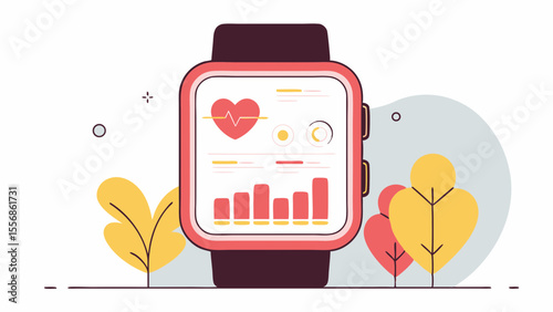 Smartwatch Fitness Tracker: A sleek smartwatch displays vital health data with a focus on heart rate monitoring, accompanied by stylized nature elements