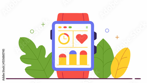 Smartwatch Wellness: A vibrant and detailed illustration of a smartwatch showcasing health and fitness data, surrounded by natural elements like leaves.