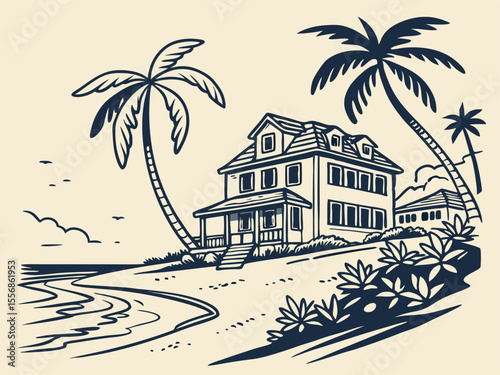 Coastal illustration of a beachfront house with palm trees and a serene beach landscape in a vintage hand-drawn style