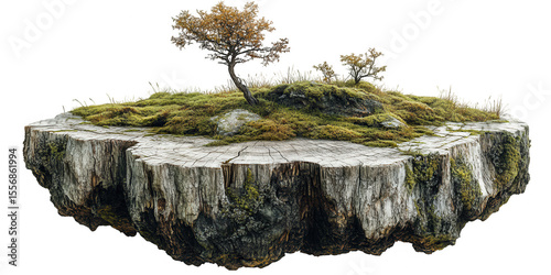 A miniature floating island ecosystem featuring a weathered tree stump covered in lush green moss and small trees isolated on transparent background