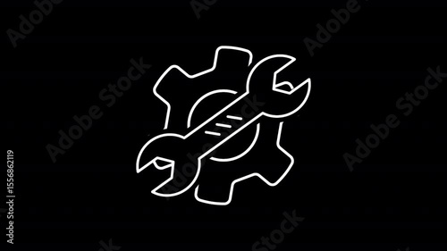 Gear And Wrench Animated icon. Concept of Strategy, Planning, Thinking, Business Improvement. White Line Icon Animation Isolated On Black Background. Alpha Channel. Transparent Background.