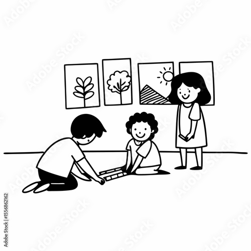 Children playing with building blocks together in a room with artwork on the wall