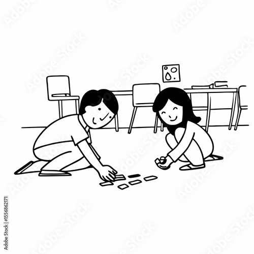 Two happy children playing a card game on the floor together