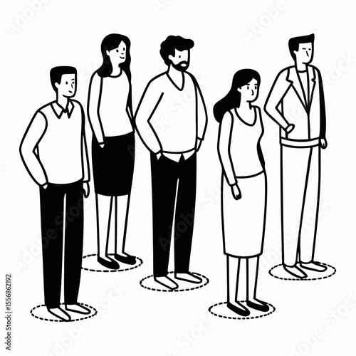 Diverse group of five people standing in a line with social distancing circles