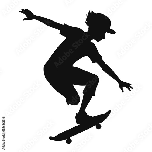 Silhouette of a skateboarder performing a trick on a white background