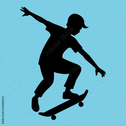 Silhouette of a young boy performing a skateboarding trick against a bright blue background
