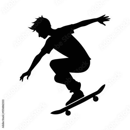 Silhouette of a young person performing a skateboard trick against a white background