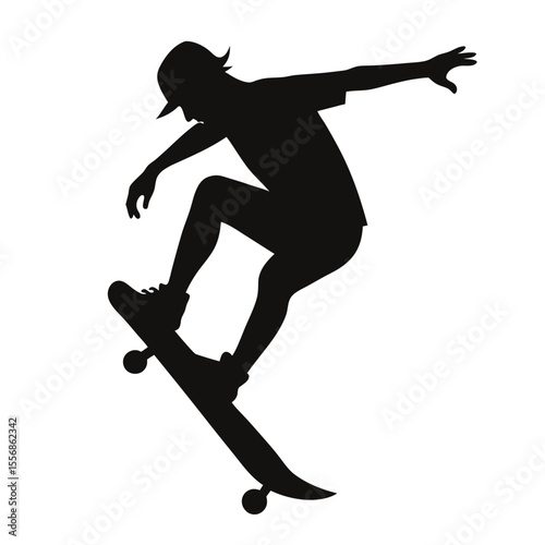 Silhouette of a skateboarder performing a trick on a white background