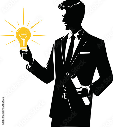 Entrepreneur presenting business idea silhouette style vector on white background