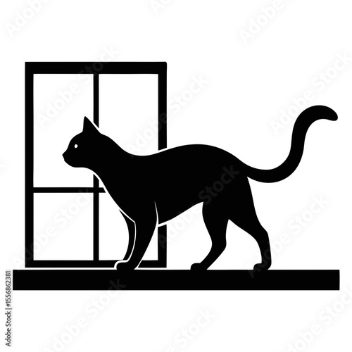 Black cat silhouette standing on a windowsill looking out a window