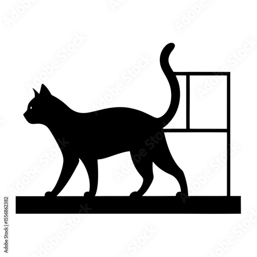 Black cat silhouette walking past a window with white panes