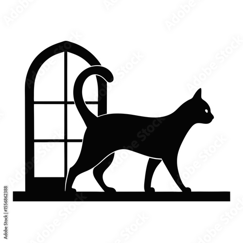 Black silhouette of a graceful cat walking past an arched window
