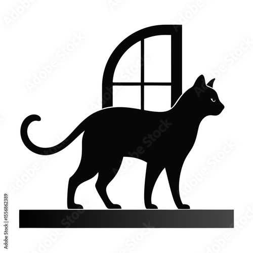 Black cat silhouette standing in front of a window with arched top
