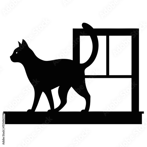 Silhouette of a cat standing on a windowsill looking out a window