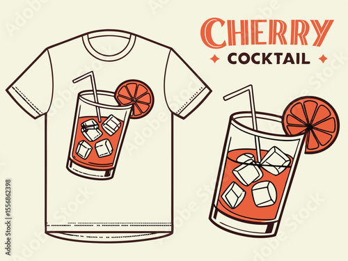 Illustrated retro design showcasing a refreshing cherry cocktail graphic featured on a t shirt with a matching drink element for design