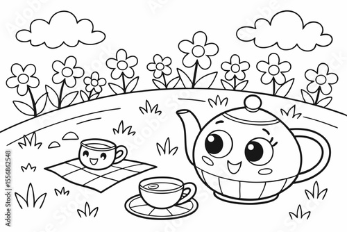 cup of tea with flowers for coloring book, coloring page, kids