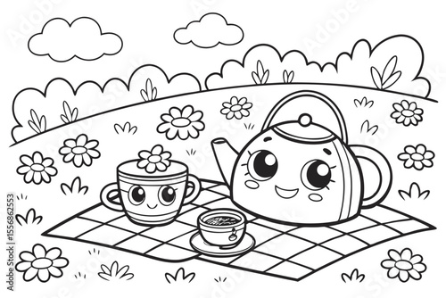 cup of tea with flowers for coloring book, coloring page, kids
