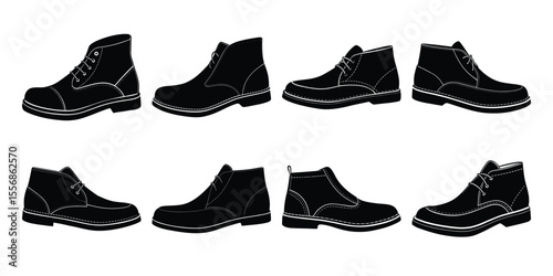 Vector desert boots silhouette set isolated on white background.