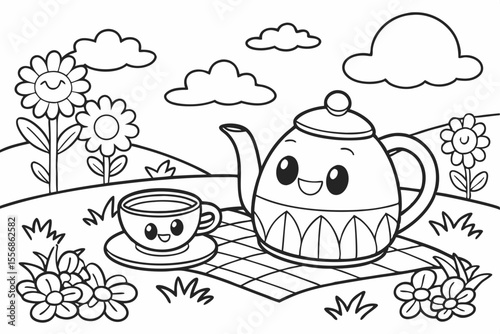 cup of tea with flowers for coloring book, coloring page, kids
