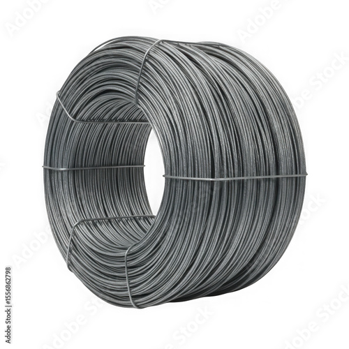 A tightly wound coil of galvanized steel wire secured with metal ties isolated on transparent background