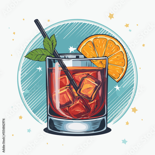 Artistic illustration of a classic cocktail featuring ice cubes orange slice mint leaves and a straw perfect for beverage promotions or event designs
