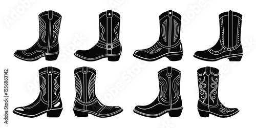 Vector art of collection of eight cowboy boots isolated on white background.