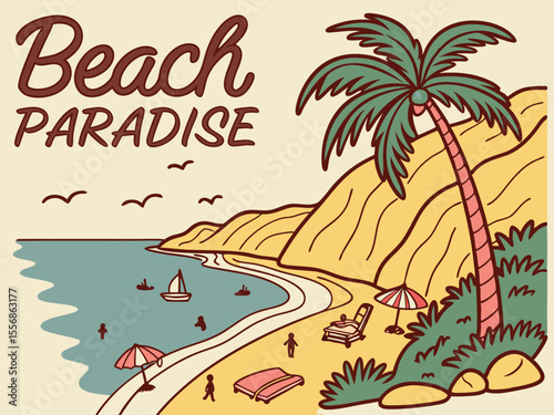 Vector illustration of a serene beach paradise with a palm tree and people enjoying a relaxing summer vacation scene.