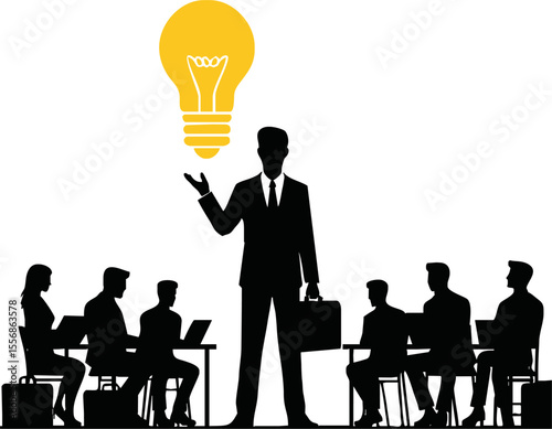Entrepreneur presenting business idea silhouette style vector on white background