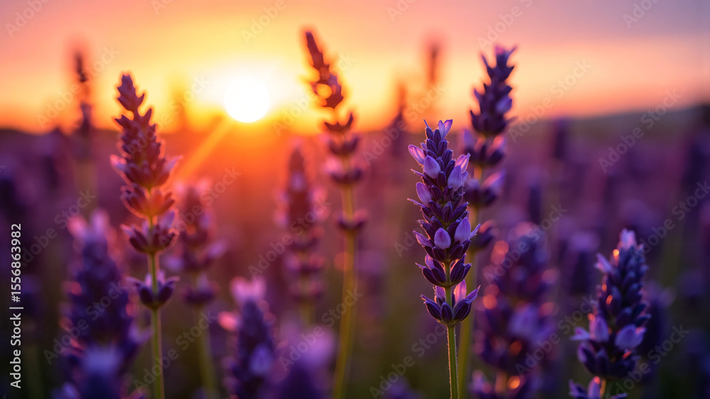 Obraz premium Lavender flowers glowing under golden hour light with soft background blur, deep purple tones, and cinematic shadows for wellness, fragrance, and floral brand campaigns.
