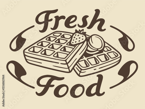 Delicious fresh food waffle illustration with strawberry and butter garnishes in a vintage style design suitable for menu or restaurant branding